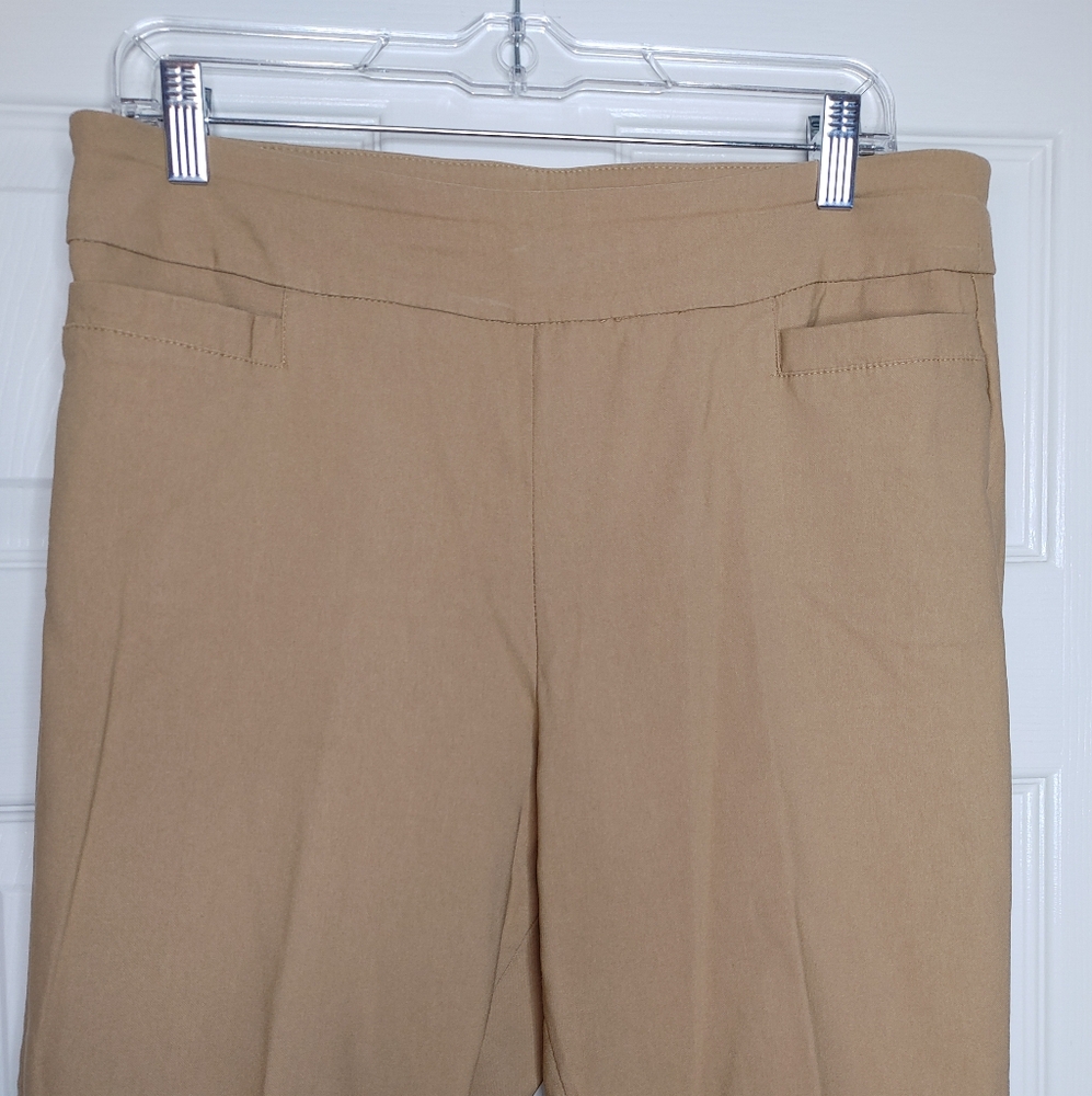 KIM ROGERS TUMMY CONTROL WIDE BAND WAIST STRETCH CAPRI PANTS, TAN 12 - Picture 4 of 6